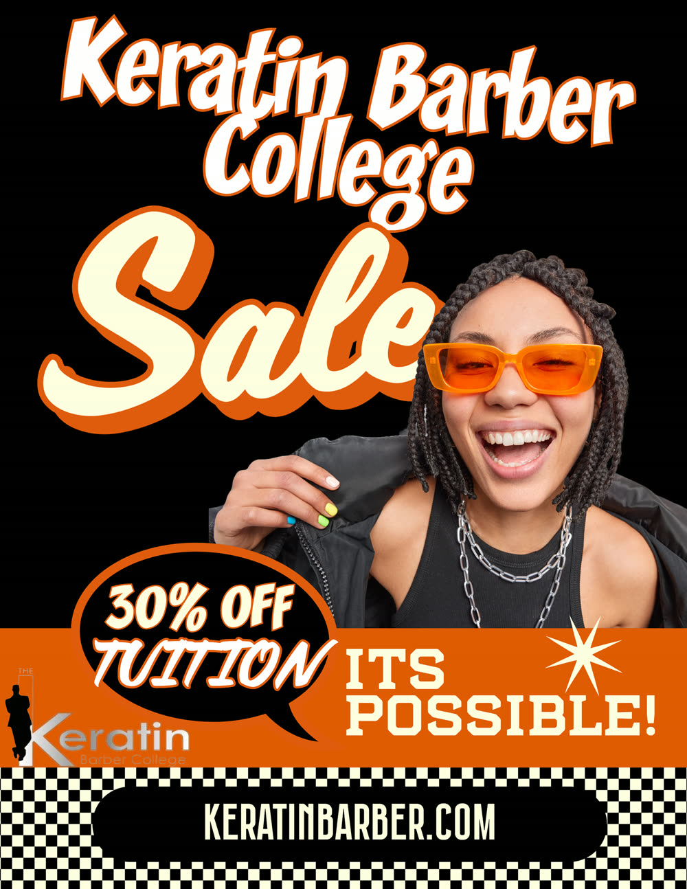 30% off tuition sale reveal ad for Keratin Barber College